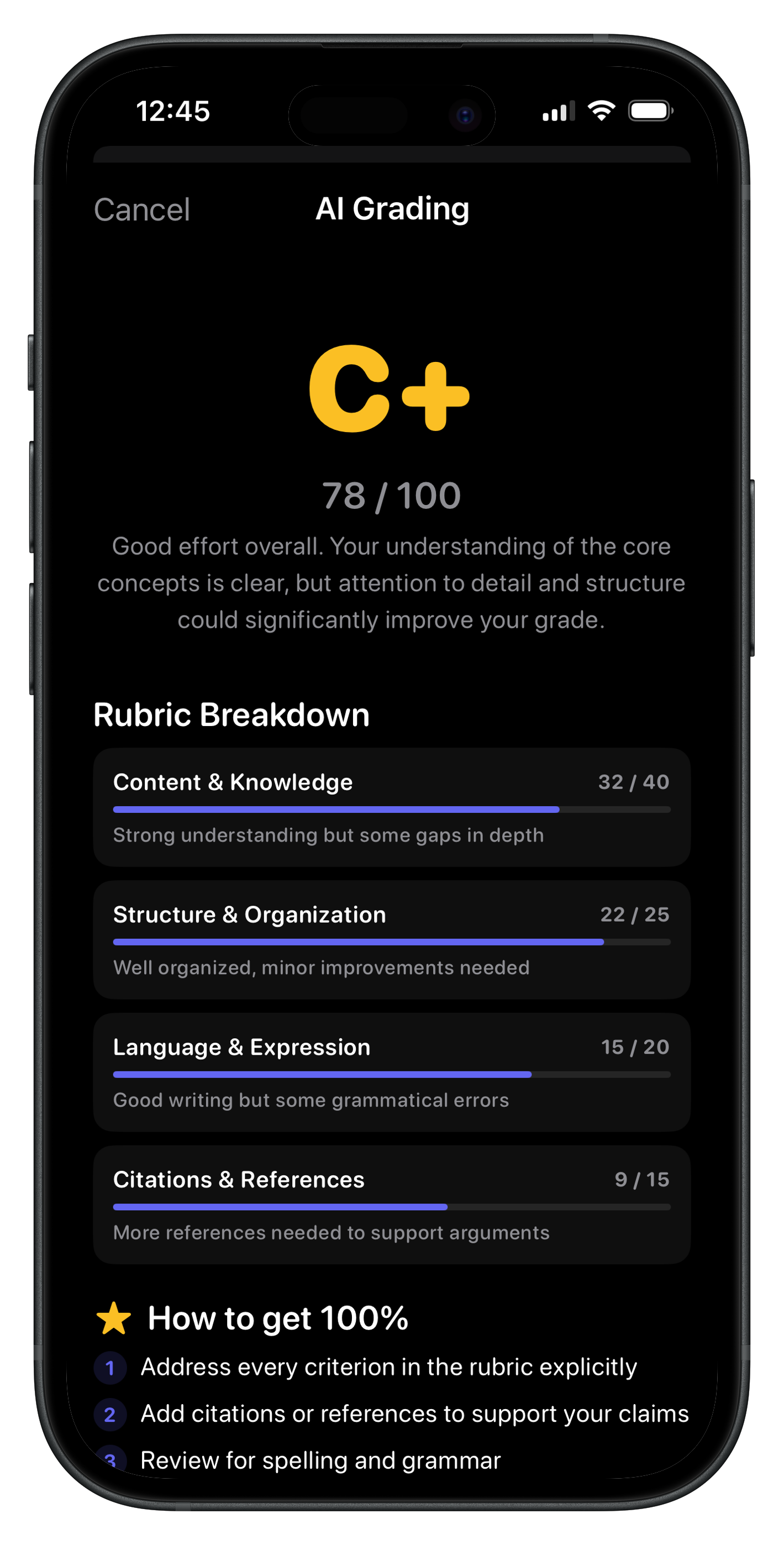 Ino app AI overview screen showing personalized weekly study insights