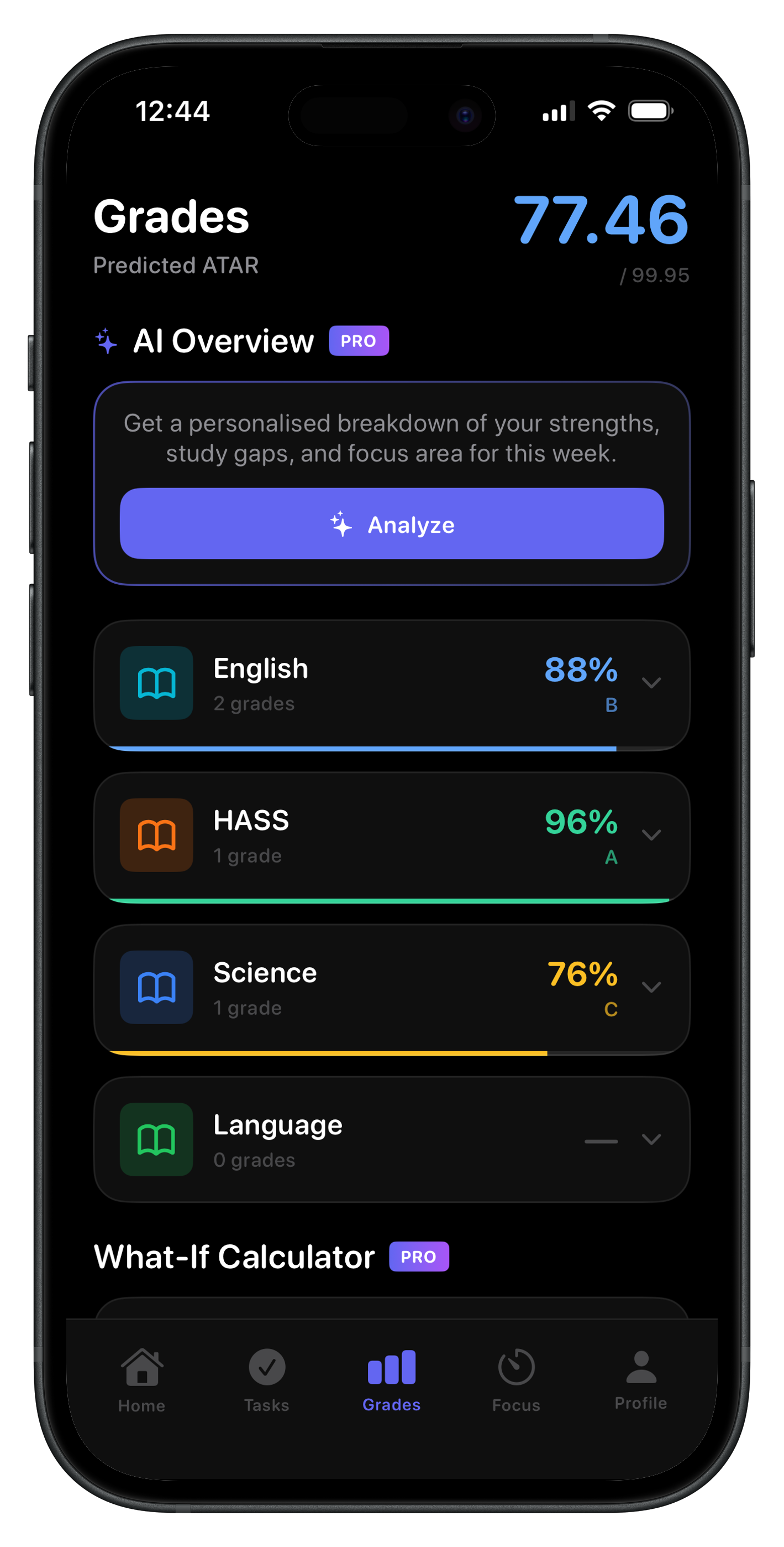 Ino app grades screen showing GPA tracking and subject grade breakdown