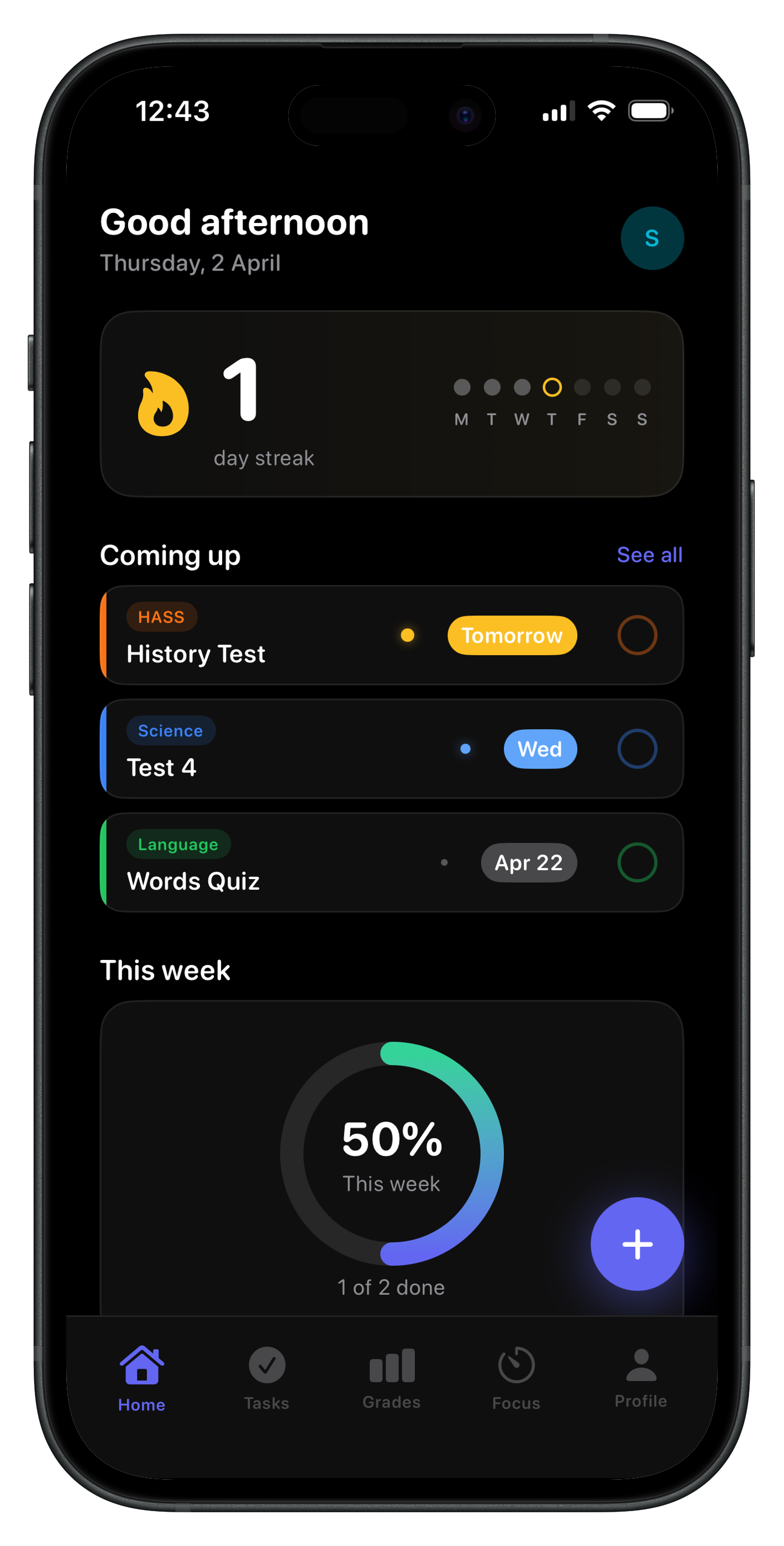 Ino study tracker app showing the student dashboard on iPhone