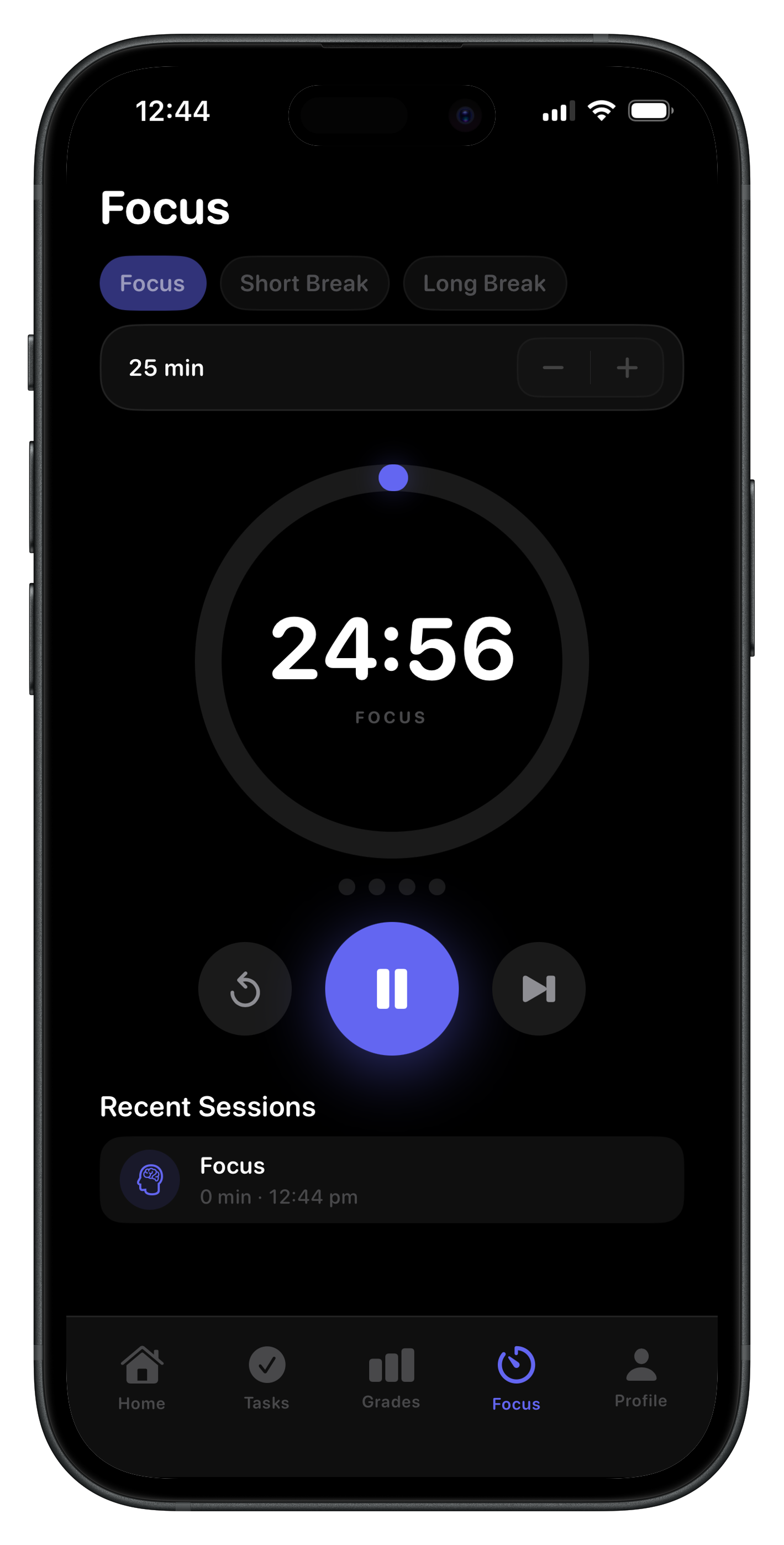 Ino app focus timer screen showing Pomodoro session with XP and streaks